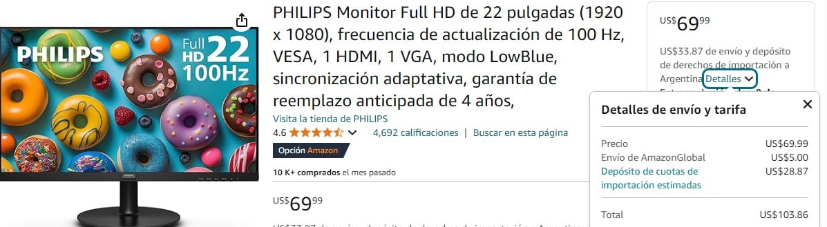 Amazon con envío de 5 dólares a Argentina