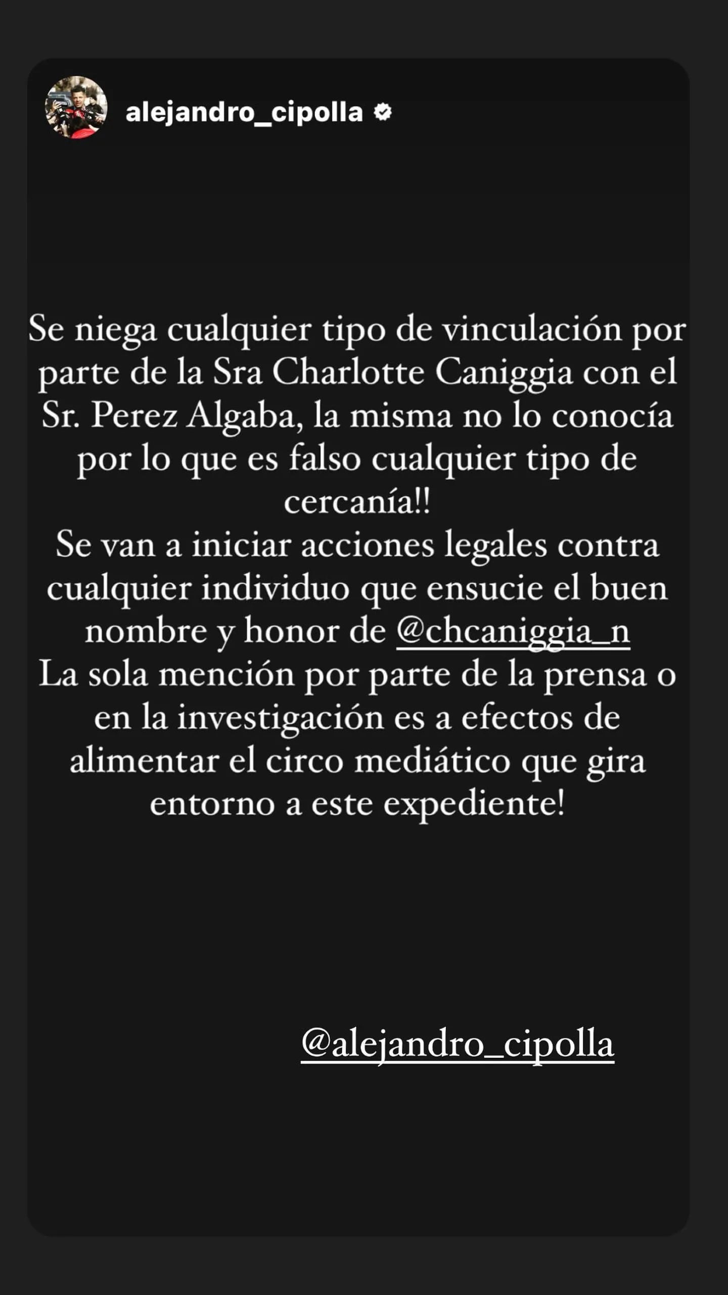 Alejandro Cipolla, abogado de Caniggia, aseguró a través de sus redes sociales que su defendida no conocía personalmente al empresario. .Foto: Captura