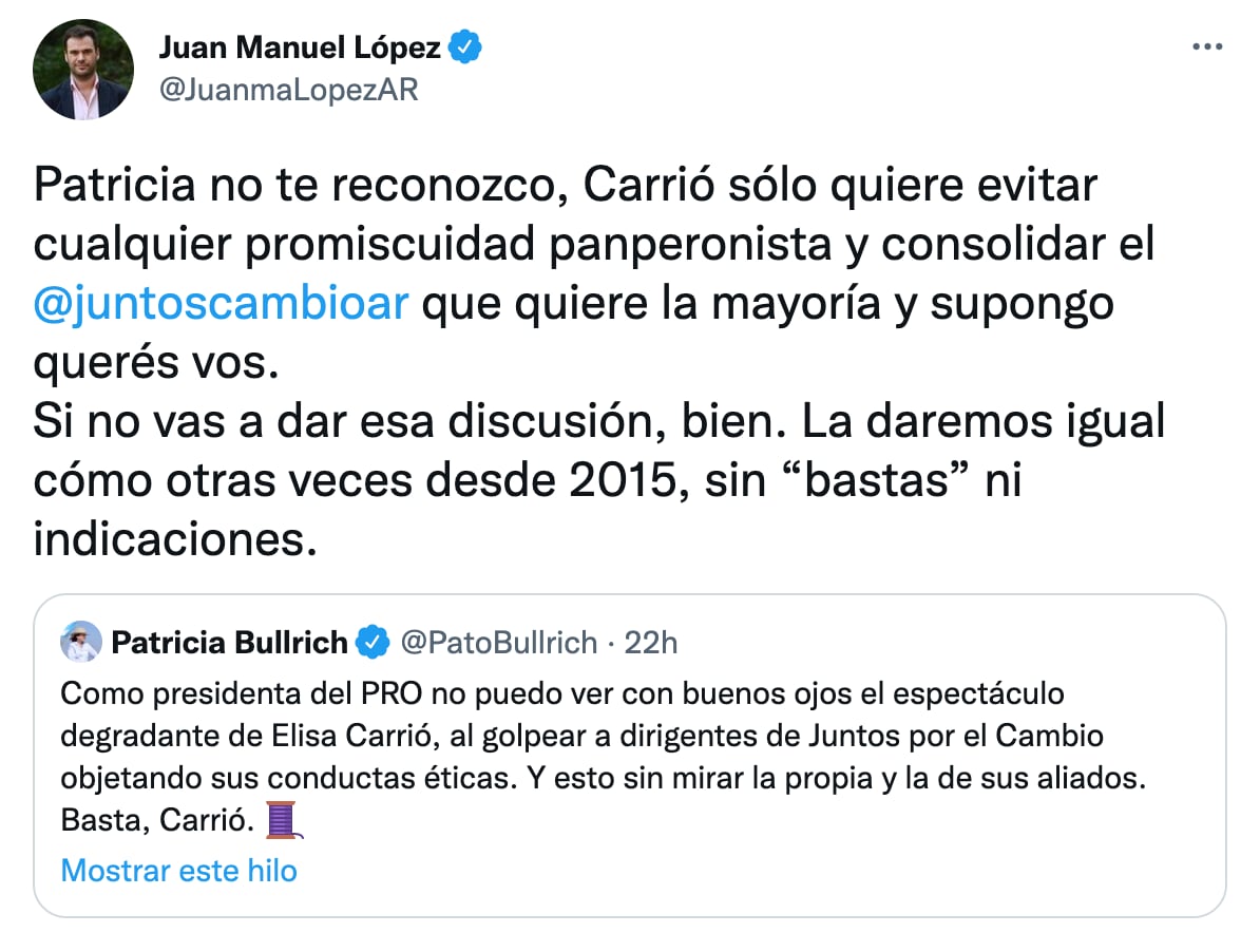 El titular del bloque de la CC en la Cámara baja, Juan Manuel López, salió a responderle a Patricia Bullrich.