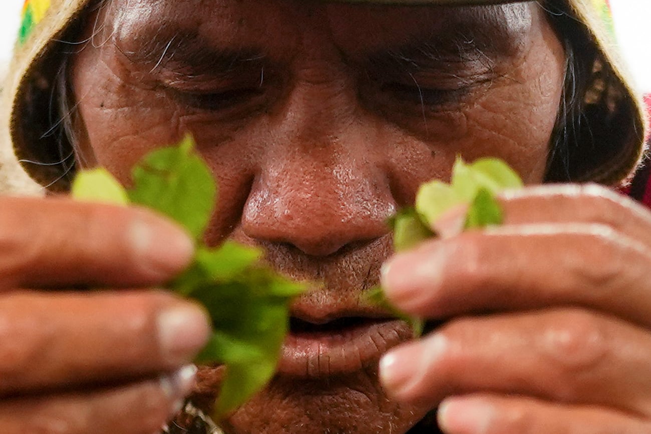 El guía espiritual Julio Quispe usa hojas de coca durante la ceremonia de aniversario del Consejo Nacional Ayllus y Markas del Qullasuyo, una confederación de órganos de gobierno indígenas, en la Asamblea Legislativa Plurinacional, en La Paz, Bolivia. (AP)