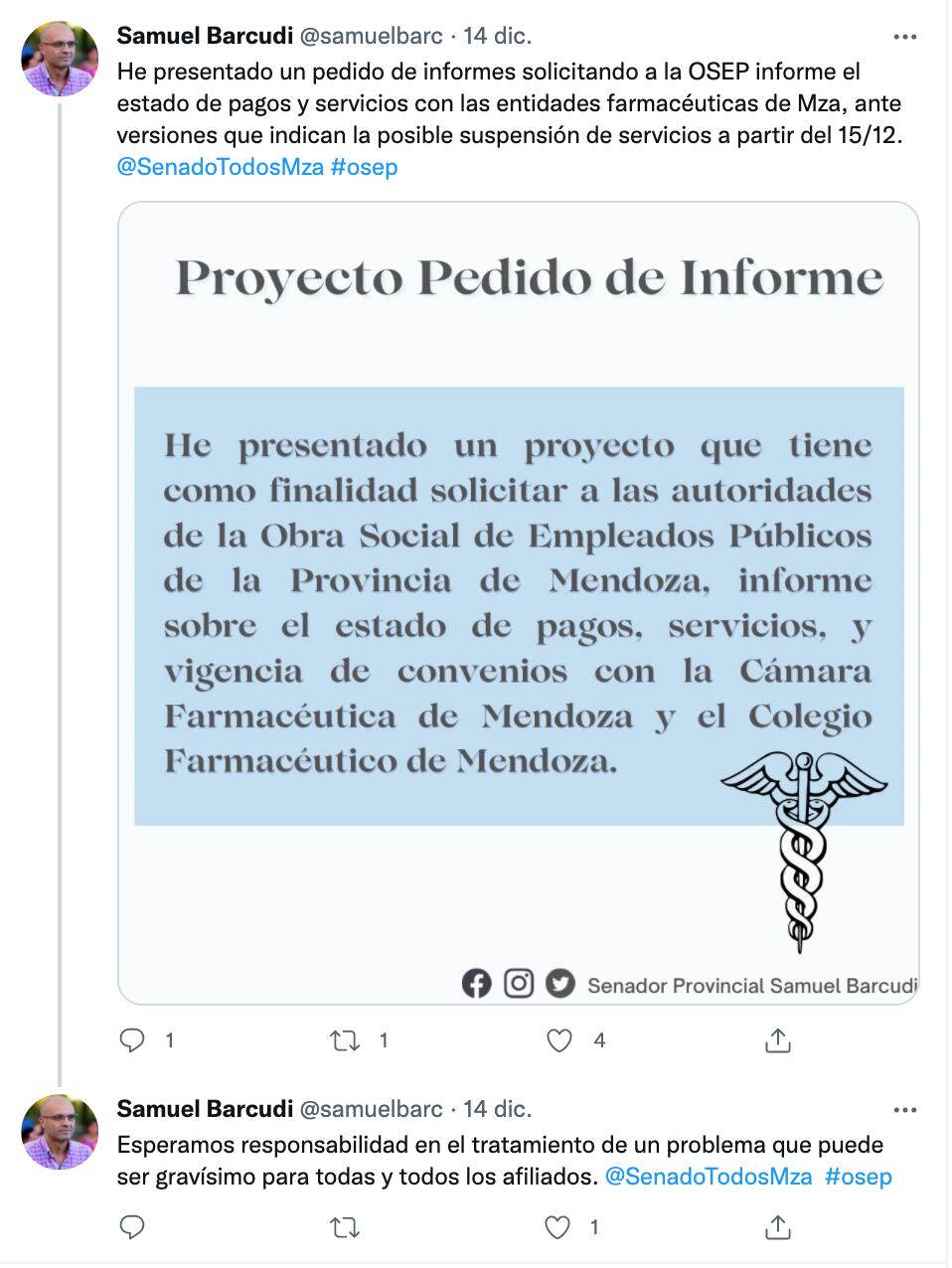 El senador Samuel Barcudi (Frente de Todos) pide explicaciones a OSEP por su convenio con las farmacias.