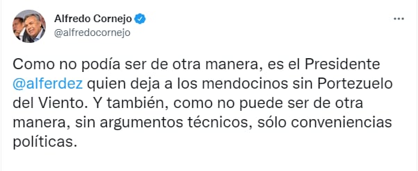 El senador nacional Alfredo Cornejo criticó al presidente Alberto Fernández por el estudio de impacto ambiental a favor de La Pampa.