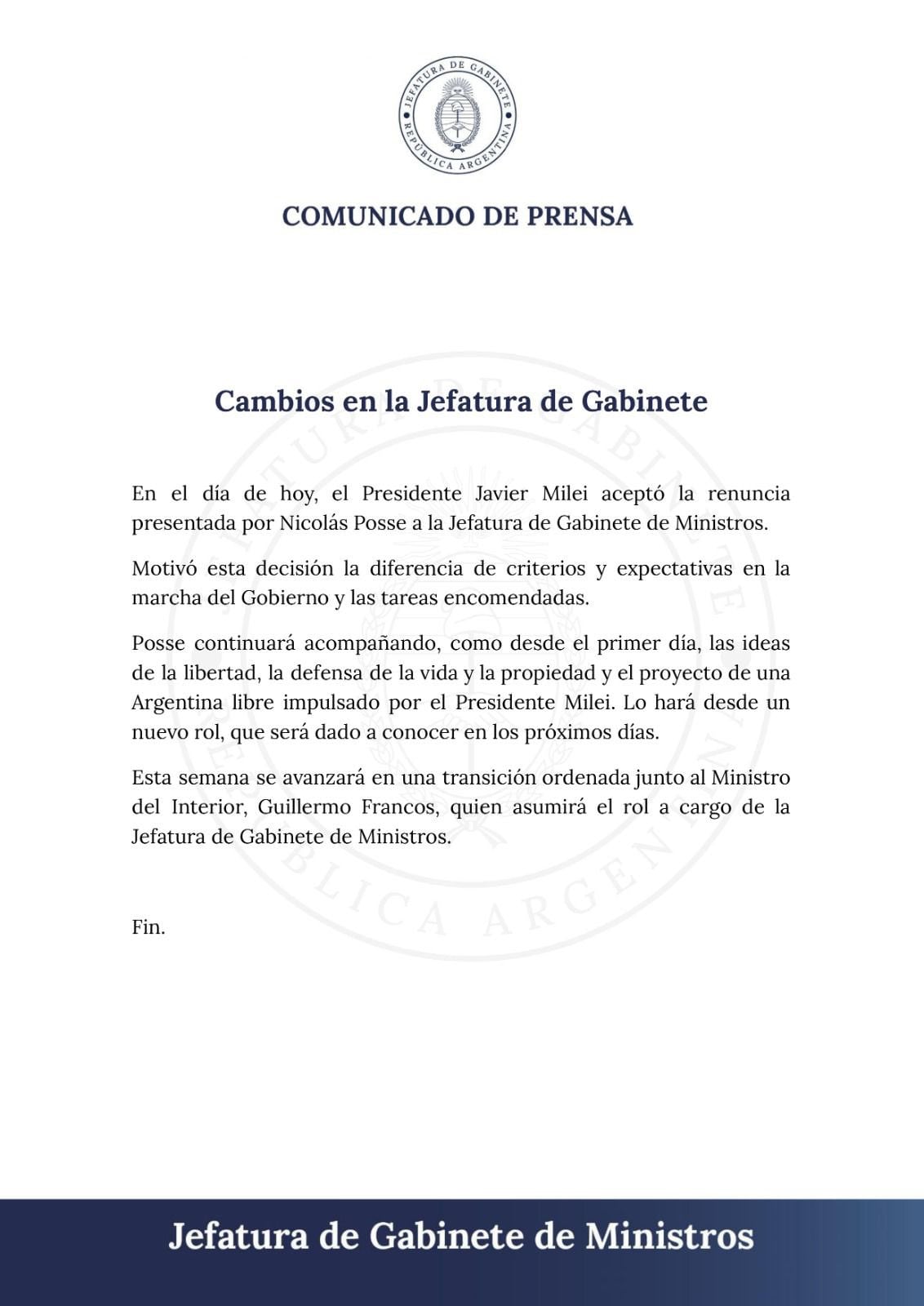 Guillermo Franco dejó de ser Jefe de Gabinete.