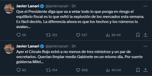 Los posteos que realizó Lanari en X.