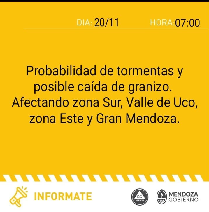 Alerta amarilla por tormentas en Mendoza (Defensa Civil)