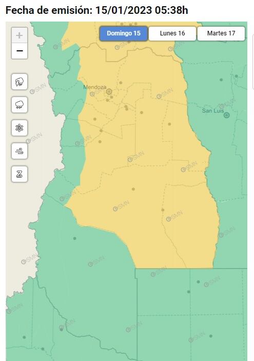 Alerta amarilla por tormentas en Mendoza (15/01/23) (SMN)