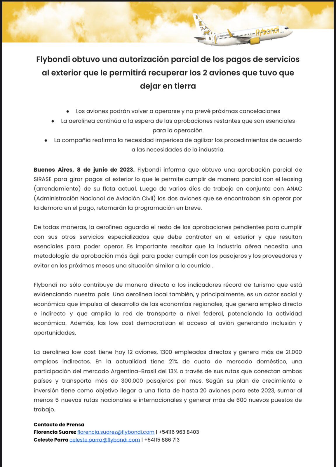 Flybondi. La empresa recupera dos aviones que habia dejado en tierra. (Flybondi)