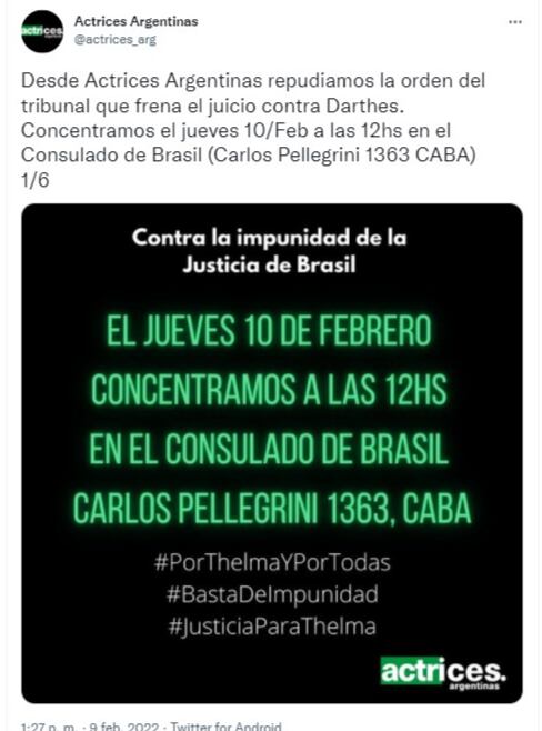 Actrices Argentinas se movilizarán tras el fallo del Tribunal Supremo de Brasil que benefició a Juan Darthés.