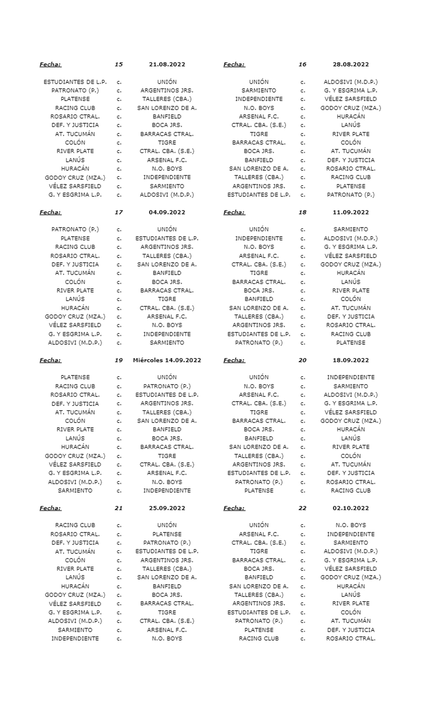 FIXTURE LIGA PROFESIONAL 2022