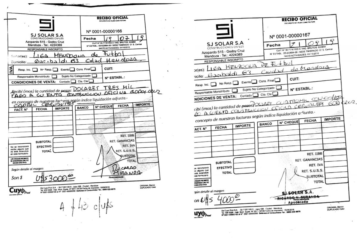 Algunos de los recibos del dinero recibido por la empresa SJ Solar S. A. par la construcción del futuro edificio de la Liga Mendocina de Fútbol, que nunca se realizó. 