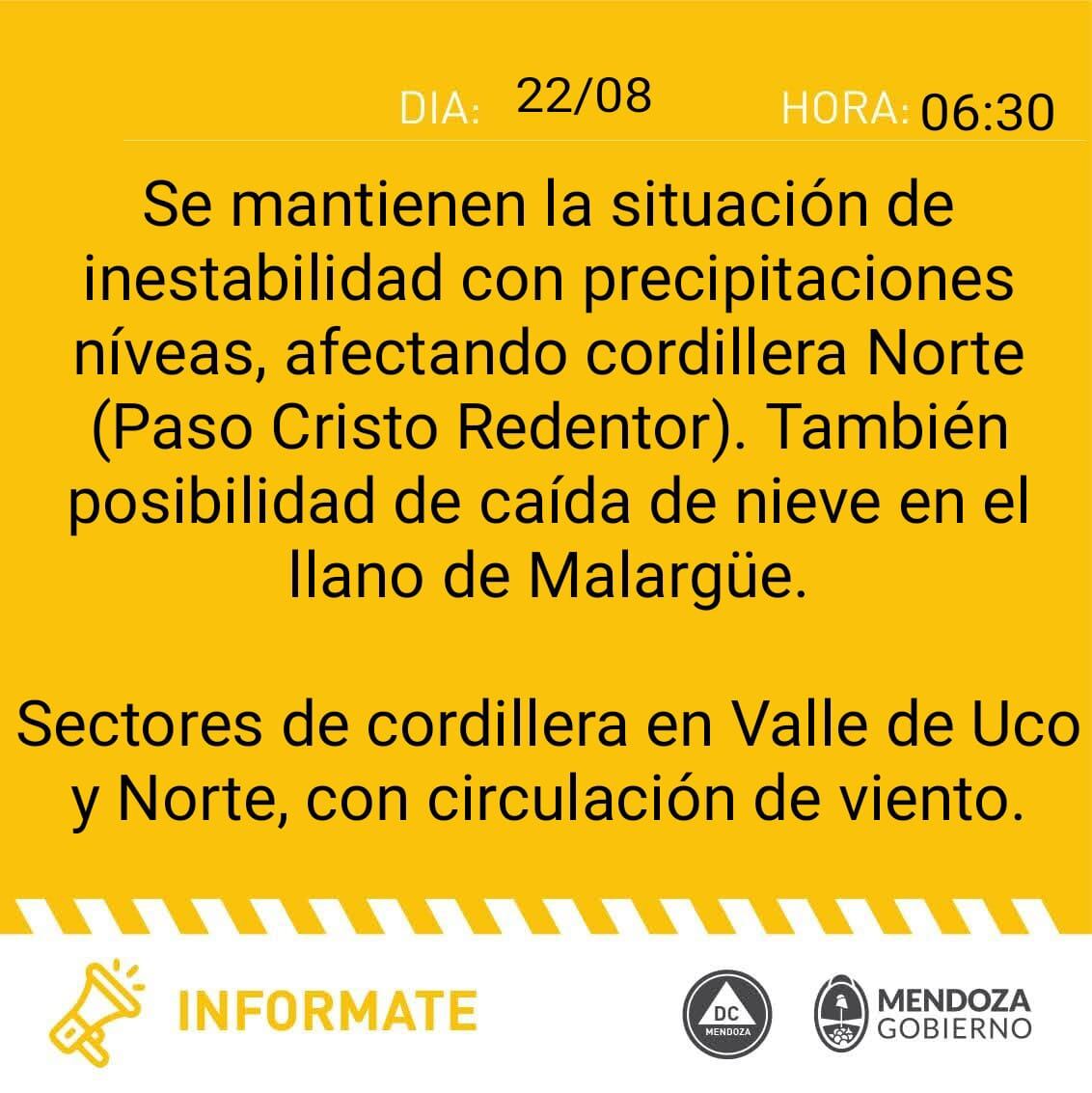 Alerta meteorológica en Mendoza emitida por Defensa Civil