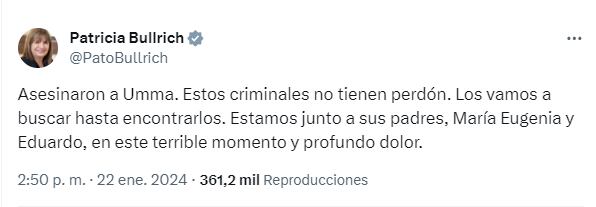 El mensaje de Bullrich a los asesinos de la hija de su custodio - X