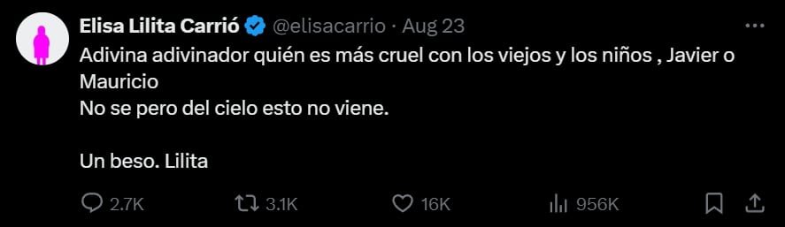 Duro mensaje de Lilita Carrió contra Javier Milei y Mauricio Macri. Captura: X / @elisacarrio