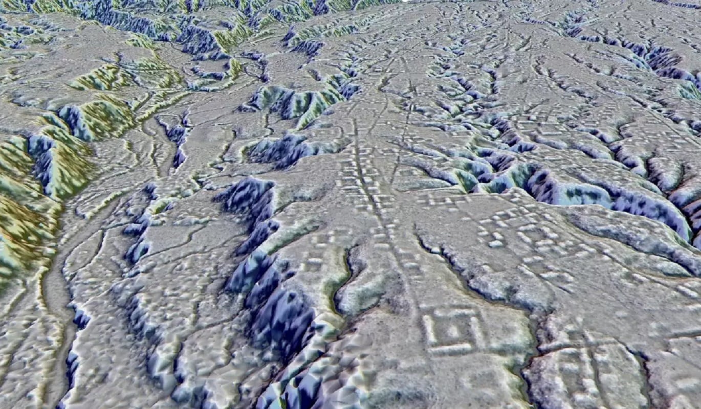 Esta imagen obtenida con la tecnología LiDAR proporcionada por investigadores en enero de 2024 muestra complejos de plataformas rectangulares colocadas para formar cuadrados y distrubuids a lo largo de caminos en el sitio de Kunguints, en el valle del Upano en Ecuador (Antoine Dorison / AP)