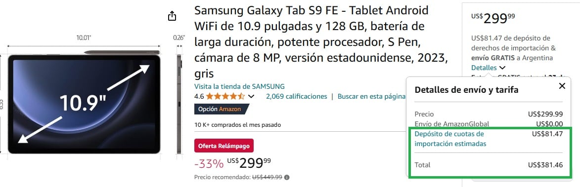 Precio de tablet Samsung en Amazon sin aranceles de importación