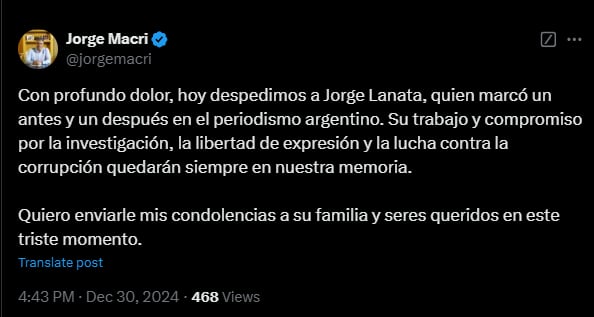 Periodistas y dirigentes políticos expresaron en las redes sociales sus mensajes de condolencias tras el fallecimiento de Jorge Lanata.