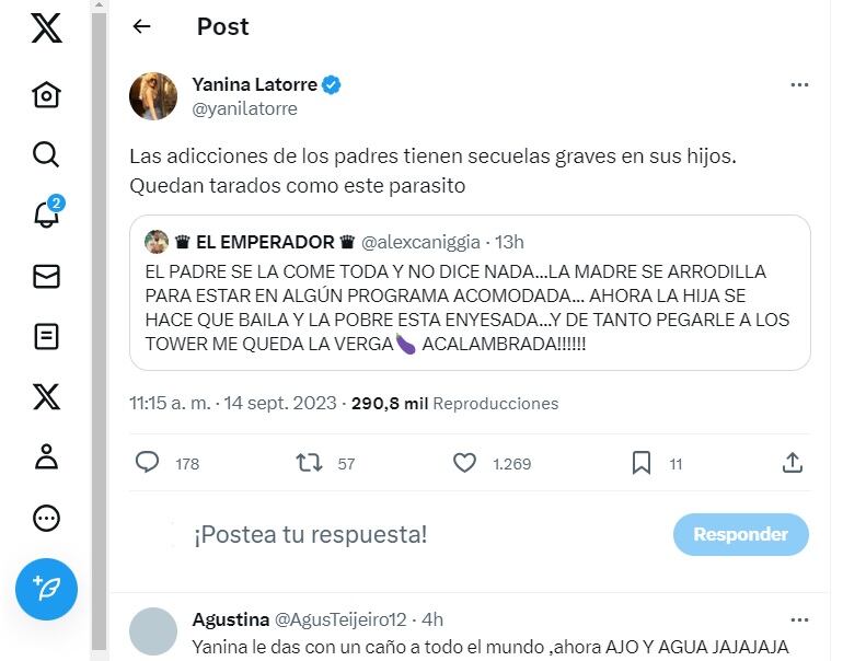 Alex Caniggia redobló la apuesta al apuntar contra Yanina Latorre.