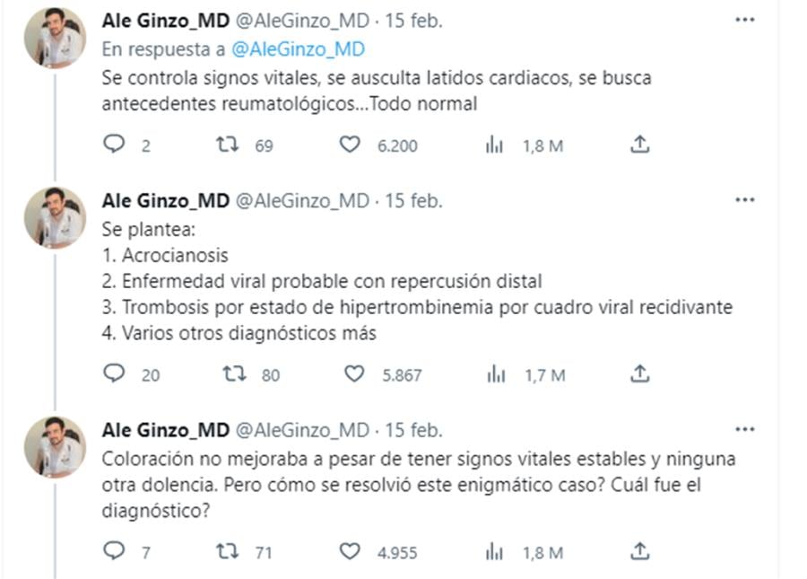 El médico Ale Ginzo planteó que el paciente podía tener Acrocianosis, o una enfermedad viral. Gentileza: La Gaceta.