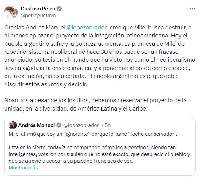 Gustavo Petro volvió a cargar contra Milei - X