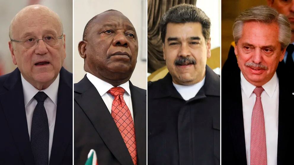 Los presidentes del Líbano, Michel Aoun; Zimbaue, Emmerson Mnangagwa; Venezuela, Nicolás Maduro; y Argentina, Alberto Fernández, mandatarios de los países con más inflación del mundo.