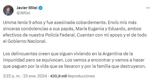 El mensaje de Milei a los asesinos de la hija de un custodio de Bullrich - X