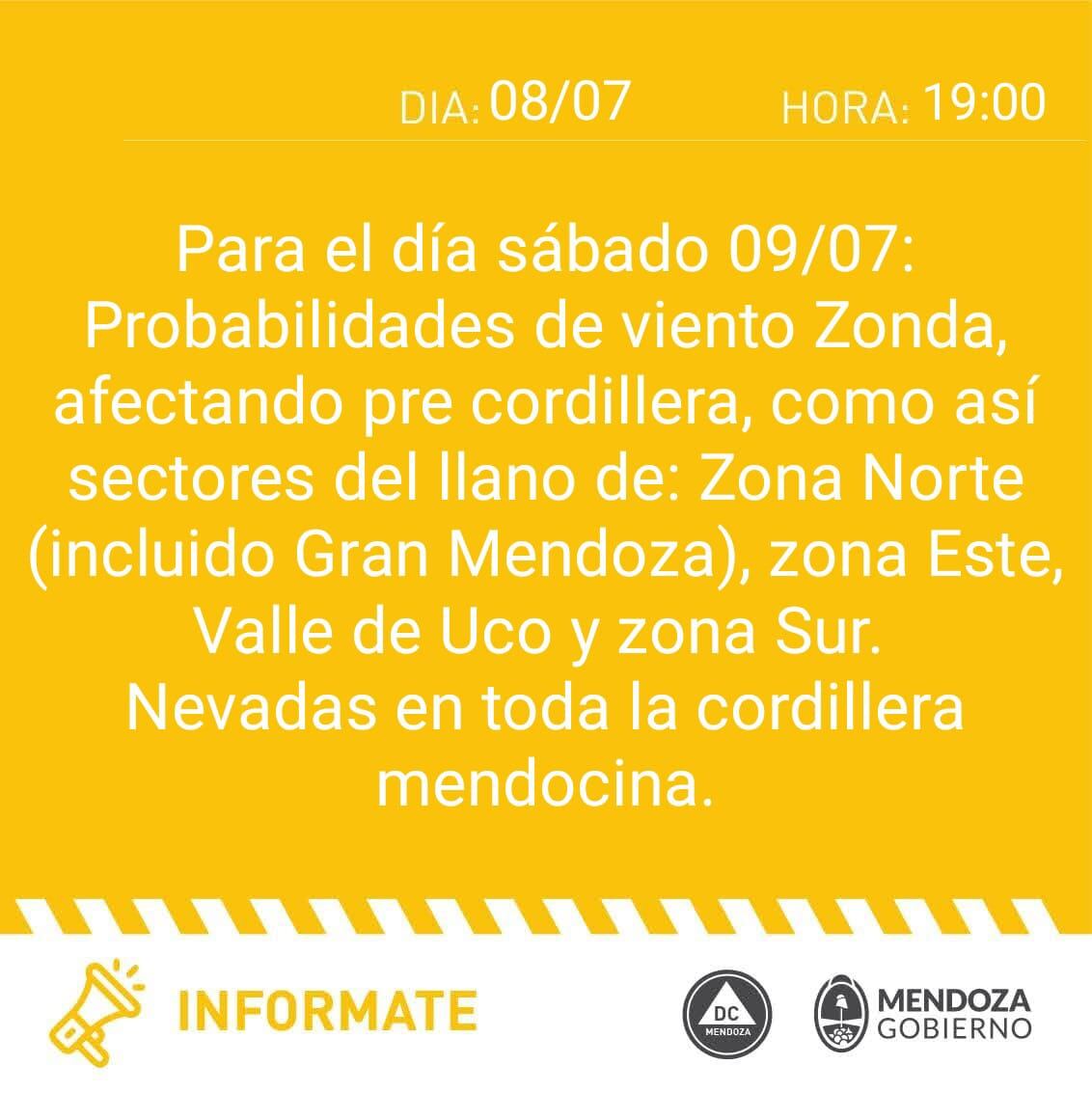 Desde Defensa Civil anunciaron que bajará el Zonda en distintas partes de Mendoza, durante la tarde del sábado.