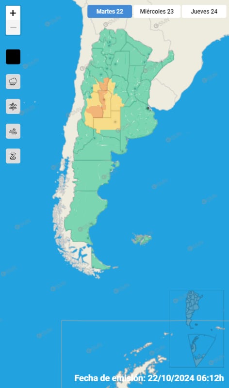 Alertas naranja y amarilla por tormentas en Mendoza. Foto: Servicio Meteorológico Nacional.