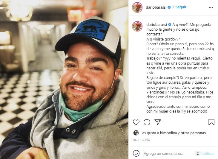 Darío Barassi disfruta de una escapada a New York y extraña a su mujer e hija