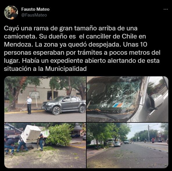 Una rama cayó sobre la camioneta de un diplomático del consulado de Chile en Mendoza. Foto: Twitter @FausMateo