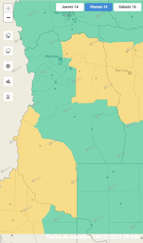 Mapa de alertas del Servicio Meteorológico Nacional para este viernes 15 de diciembre.