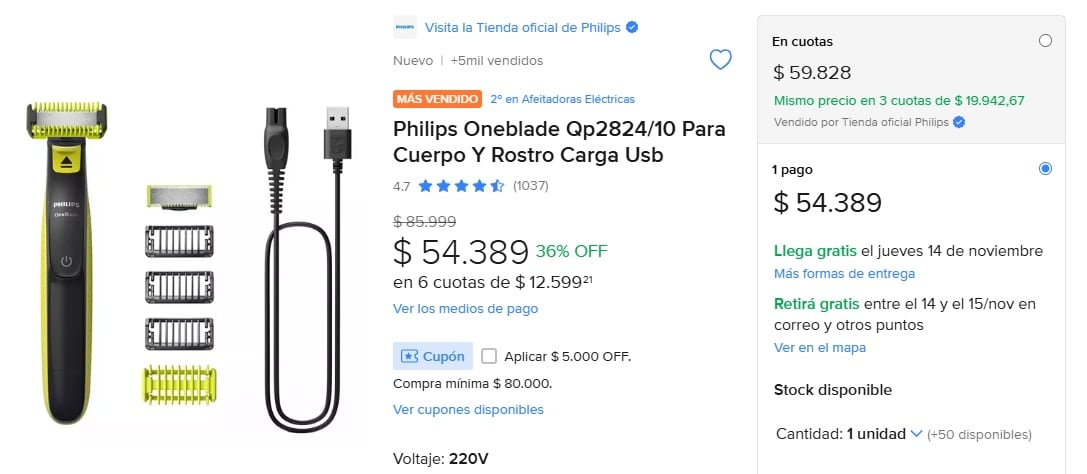 En Argentina el mismo modelo de afeitadora se encuentra en Mercado Libre por $54.389 argentinos.