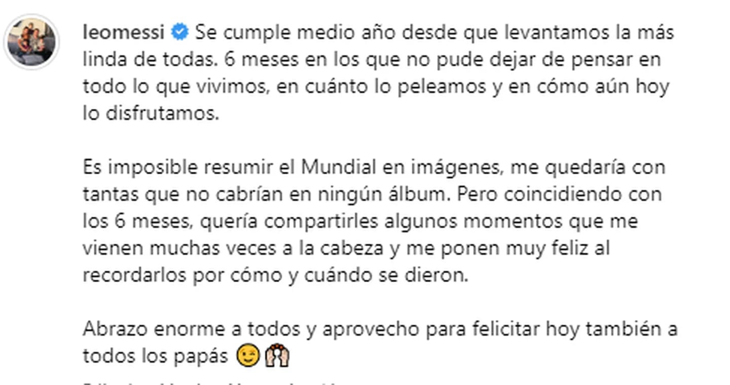 El emotivo mensaje de Lionel Messi por los seis meses de la consagración argentina en el Mundial. Gentileza: TN.