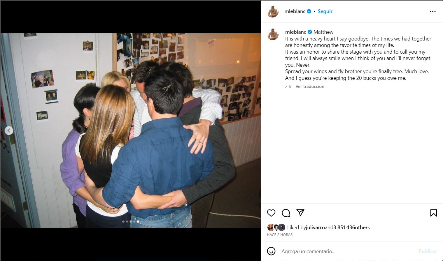 La despedida de Matt LeBlanc a Matthew Perry en redes. Captura de Instagram.