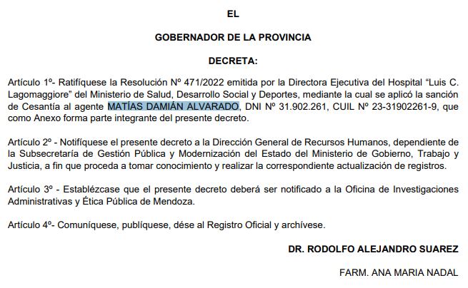 El comunicado de cesantía a Matías Damián Alvarado. Foto Captura: Boletín Oficial Gobierno de Mendoza