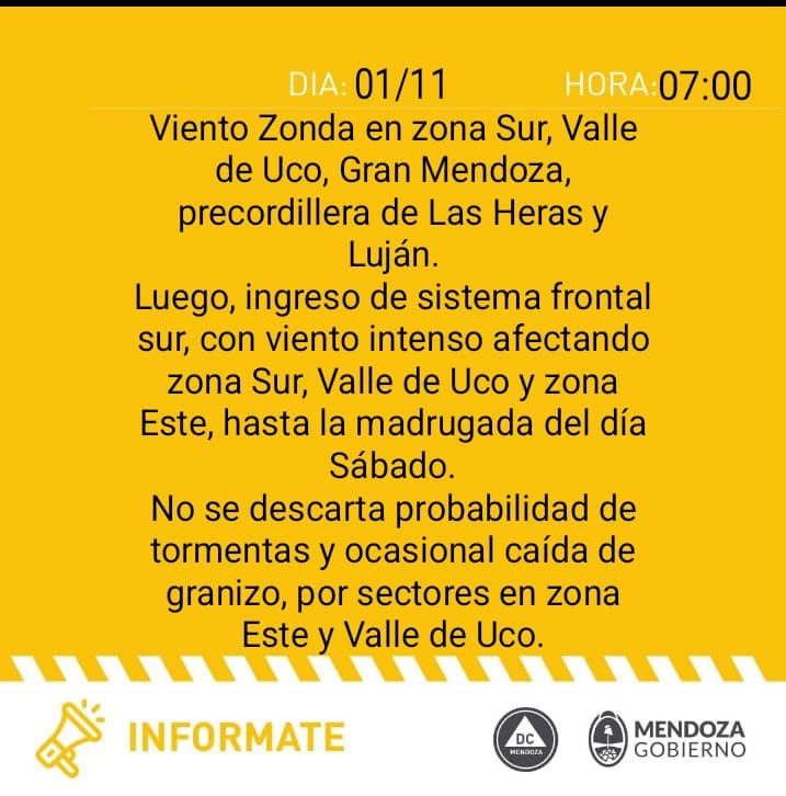 Alerta por Zonda y tormentas en Mendoza