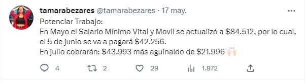 Potenciar Trabajo con aumento en junio y medio aguinaldo en julio de 2023 (Twitter: @tamarabezares)