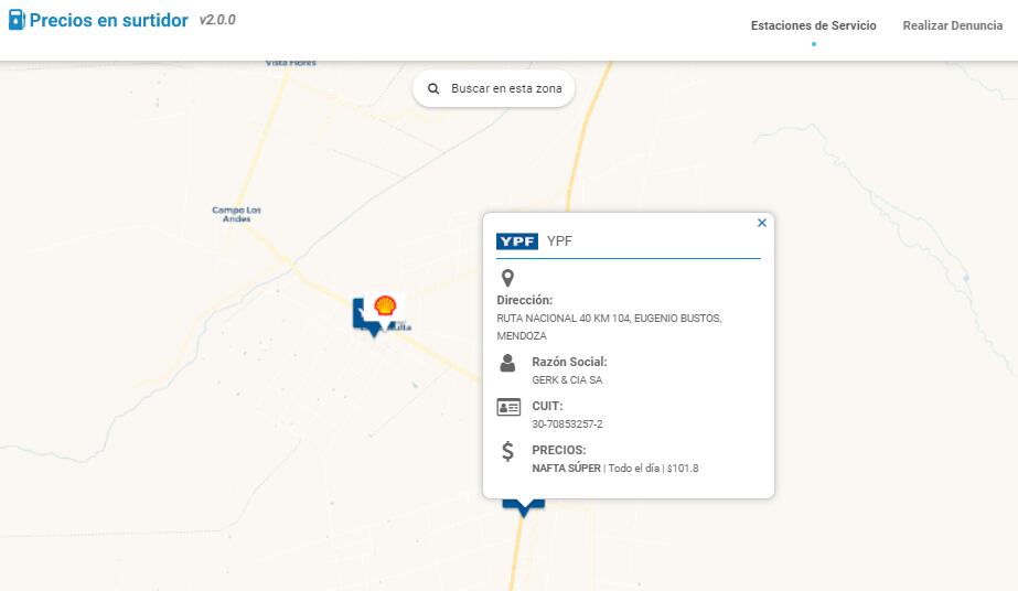 En todos los departamentos del Valle de Uco el precio en YPF es de $101,80.