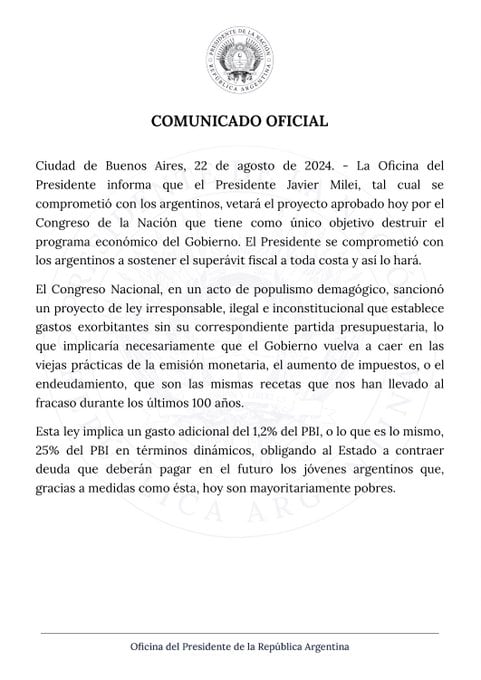 Comunicado de la Oficina del Presidente. Captura: X / @OPRArgentina