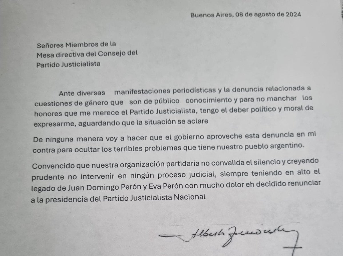 El comunicado de Fernández anunciando su renuncia al Partido Justicialista.