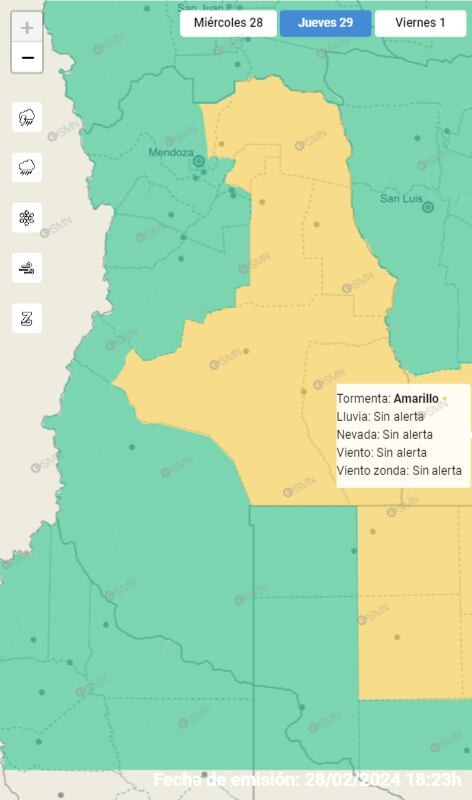 Mapa de alertas por tormentas para este jueves 29 de febrero. Foto: Servicio Meteorológico Nacional