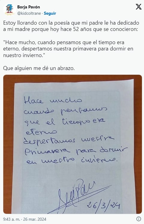 El tierno posteo de un usuario de la red social X que llevó a cientos de internautas a las lágrimas. Foto: Captura X.