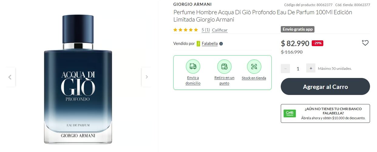 La tienda de Falabella ofrece perfume de hombre Acqua Di Giò a un precio promocional de $82.990 chilenos.