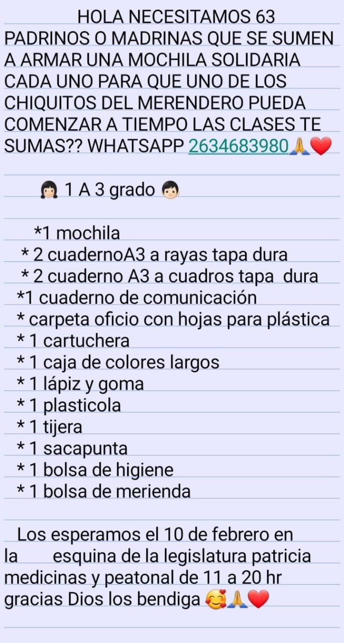 Campaña de padrinos mágicos y solidarios para conseguir una mochila con útiles escolares para casi 400 niños de Junín.