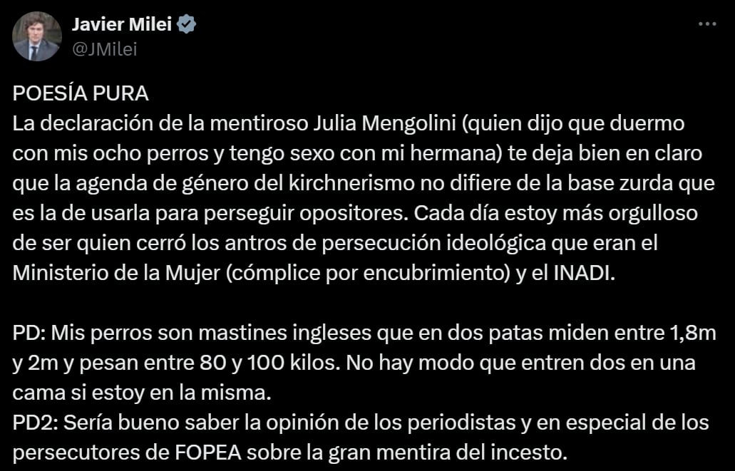 Julia Mengolini le respondió el tuit a Javier Milei. Captura: X