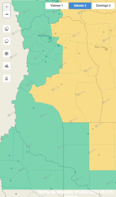 Mapa de alertas por tormenta en Mendoza para este sábado 2. Foto: Servicio Meteorológico Nacional