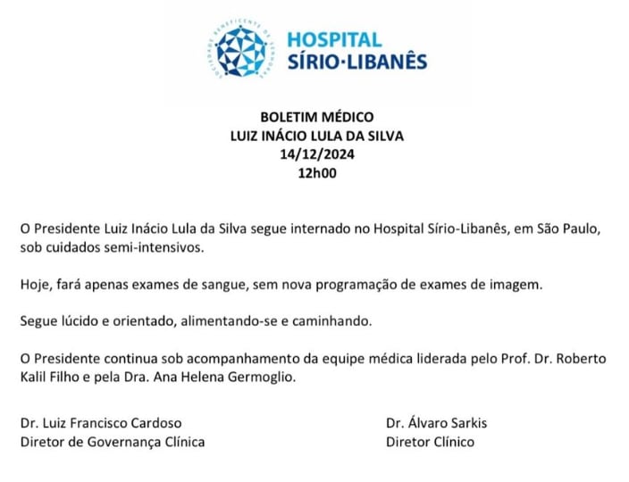 El parte médico de Luiz Inácio Lula da Silva. Imagen: Instagram / @lulaoficial