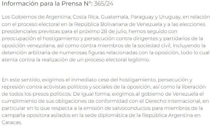 Declaración Conjunta de los Gobiernos de Argentina, Costa Rica, Guatemala, Paraguay y Uruguay sobre el proceso electoral venezolano / Cancillería Argentina