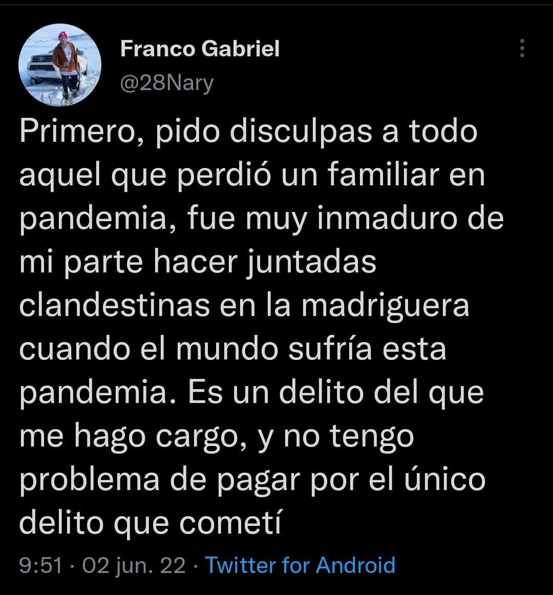 Franco "Nary" González se expresó en sus redes en medio del juicio cuando lo acusaron de violación en "La Madriguera" / Archivo Twitter