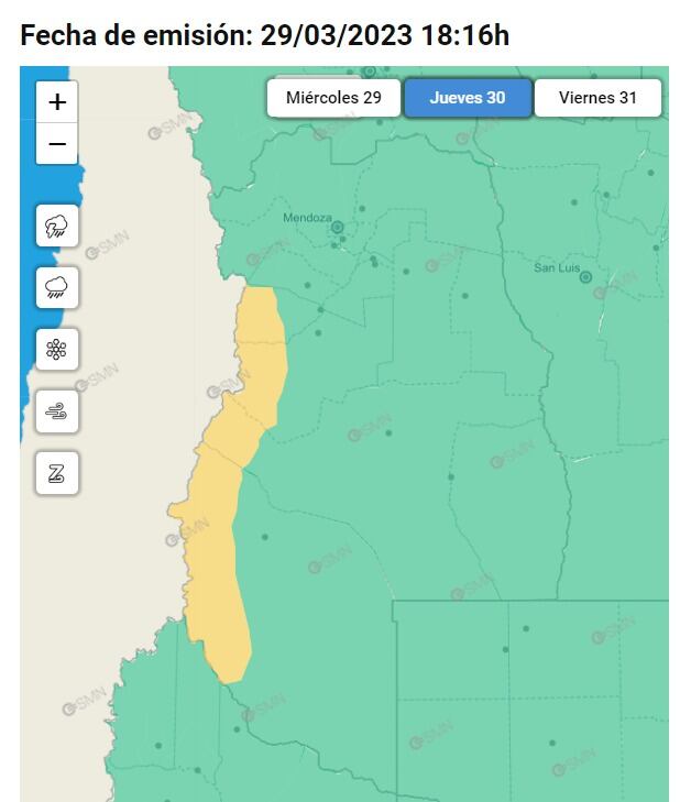 Zona afectada por la Alerta amarilla por vientos. Fuente: SMN