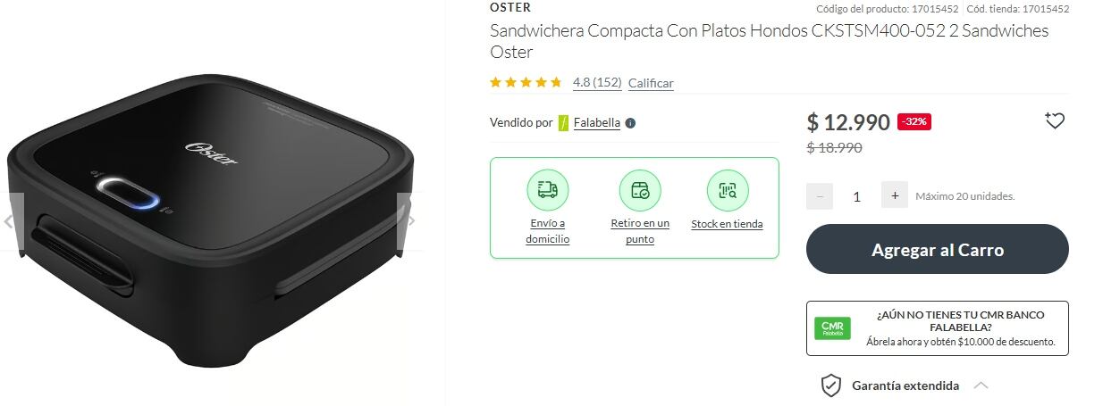 El modelo de sandwichera se encuentra disponible en la tienda oficial de Falabella a $12.990 chilenos, con un descuento del 32%.